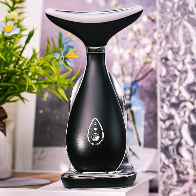 VRAIKO Lily Neck Face Massager, Face Sculpting Tool, Skin Rejuvenation Device with Thermal, Triple Action LED and Vibration, for Anti-Aging, Lifting and Tightening Sagging Skin (Frosted Black)