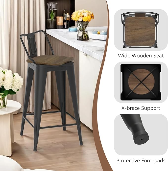 26 Inch Swivel Bar Stools Set of 4, Counter Height Bar Stools with Low Back, Metal Industrial Bar Chairs for Kitchen Island (Matte Black)