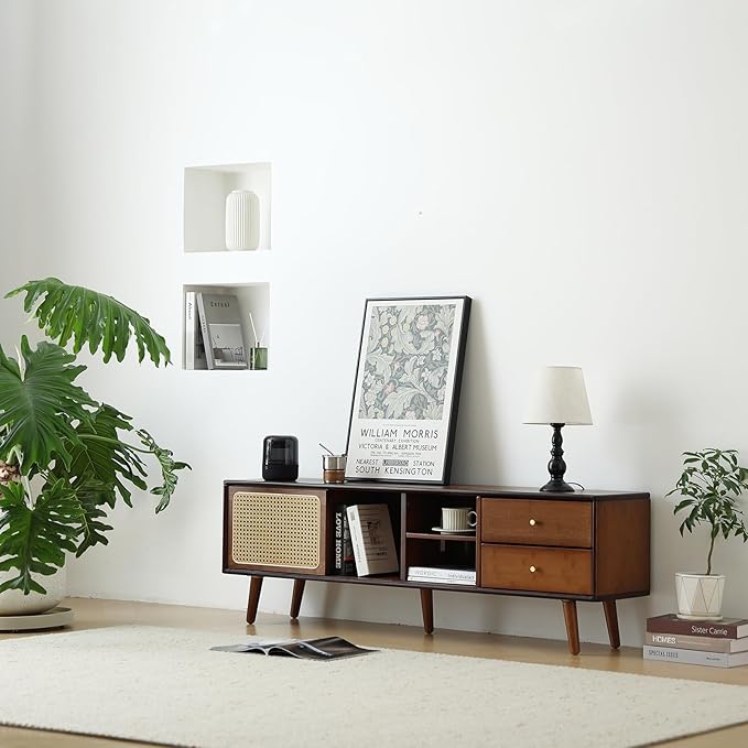 Tiita Rattan TV Stand for 55 65 Inch TV, Bamboo TV Cabinet with 2 Drawers, Boho Entertainment Center with Adjustable Shelf, Mid Century Modern Media Console for Bedroom, Living Room, Walnut