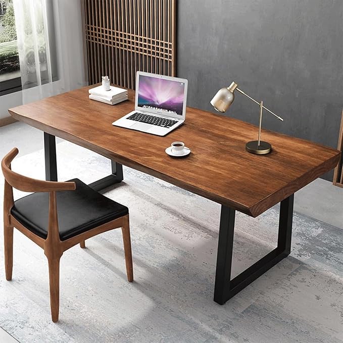 Modern Minimalist Solid Wood Office Desk with Metal Base Easy to Assemble Durable Writing Table Dining Table Computer Desk Multiple Ideal for Living Room and Dining Room (47inch)