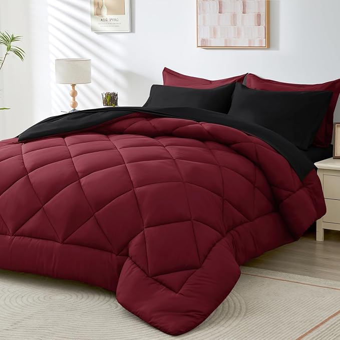 HEVUMYI Red & Black King Comforter Set - 7-Piece All Season Bed in a Bag King, Ultra Soft Burgundy Bedding Set with Comforter, Flat Sheet, Fitted Sheet, Pillowcases, Pillow Shams, Burgundy Red & Black