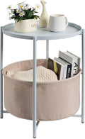 danpinera Round Side Table with Fabric Storage Basket, Metal Side Table Small Bedside Nightstand with Removable Tray Top for Living Room, Bedroom, Nursery, Laundry, Blue-Gray