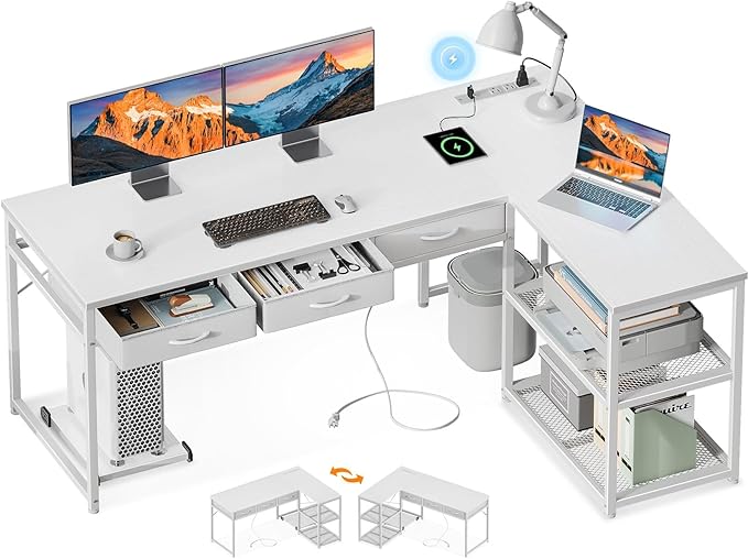 AODK 61 Inch L Shaped Computer Desk with Drawers, Corner Desk with Power Outlets & Reversible Storage Shelves, Movable CPU Stand for Home Office Gaming, White