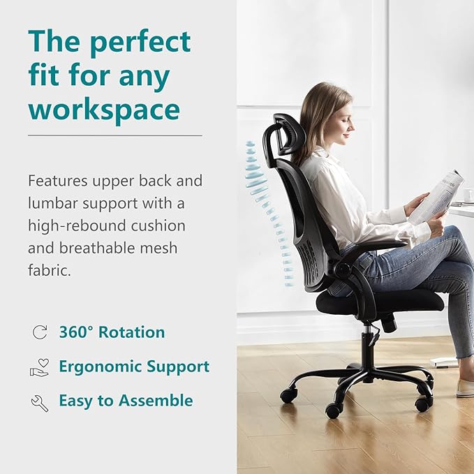 SMUG Office Chair Ergonomic Desk Lumbar Support, Computer Chairs Gaming Mesh with Wheels and Headrests, Flip-up Arm,Adjustable Position for Home, Work, Study, Black