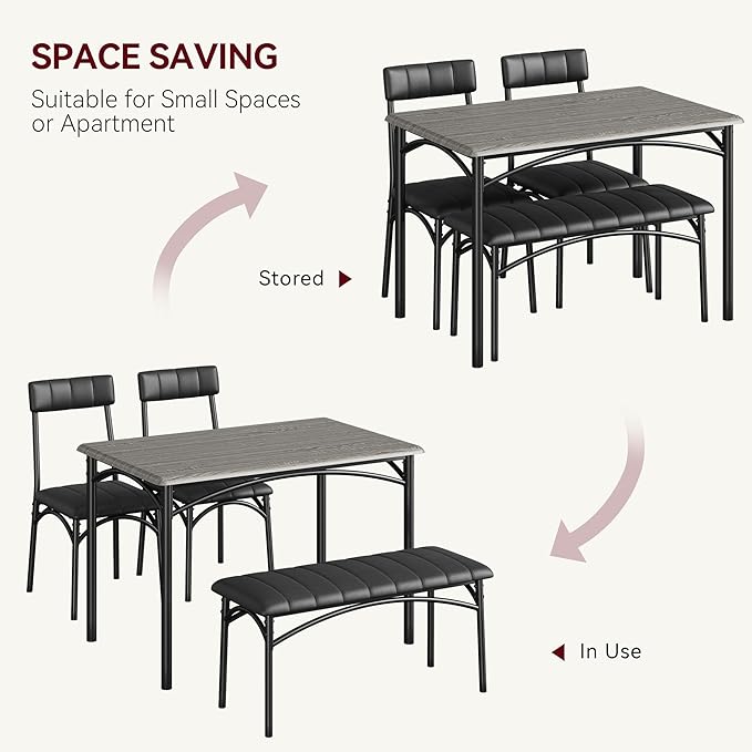 GAOMON Dining Table Set for 4 with Upholstered Bench and 2 Chairs, Rectangular Dining Room Table Set for 4 for Small Space, Apartment, Dinner, Rustic Gray