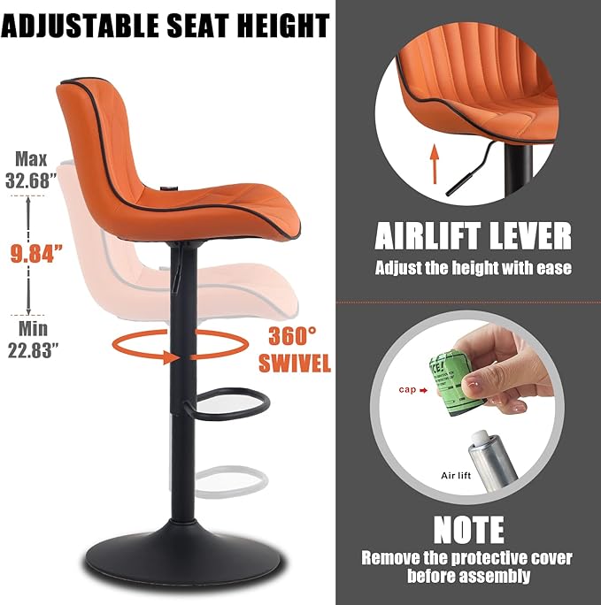YOUNIKE Single Orange Bar Stools Modern Swivel Counter Height Bar Chair with Back Adjustable Kitchen Island Faux Leather Padded Barstools taburetes de bar Breakfast sillas para barra de cocina 1PCS