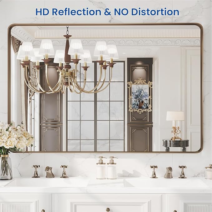 WEER Bronze Framed Modern Wall-Mounted Bathroom Mirror, 55"L x 36"W, Brushed Bronze Aluminum Frame, Shatterproof Tempered Glass, Rounded Rectangle, Horizontal/Vertical Mounting
