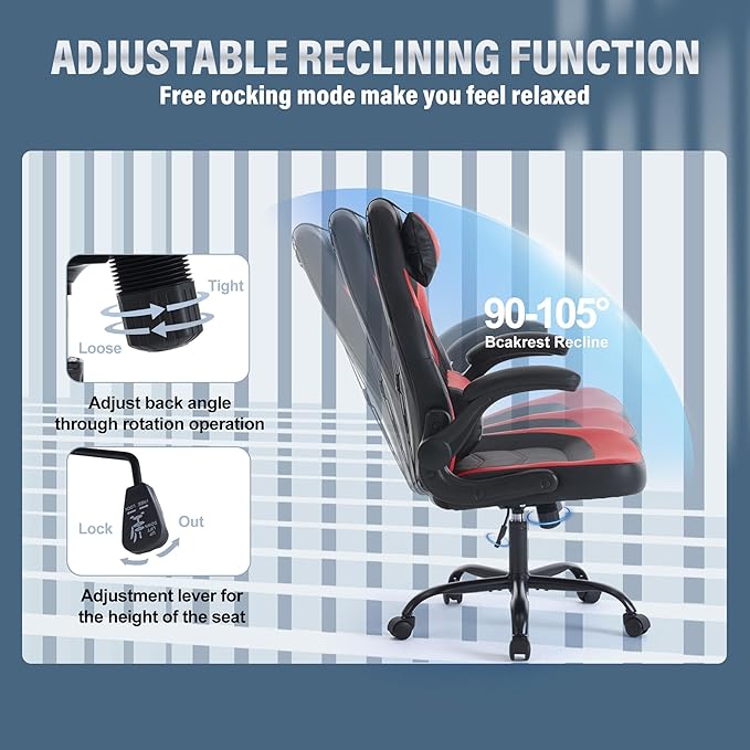 OLIXIS Computer Gaming Desk Chair - Ergonomic Video Game with Comfy Lumbar Support and headrest, PU Leather with Flip-up Arms, Adjustable Height and Swivel Wheels, for Adults, Red