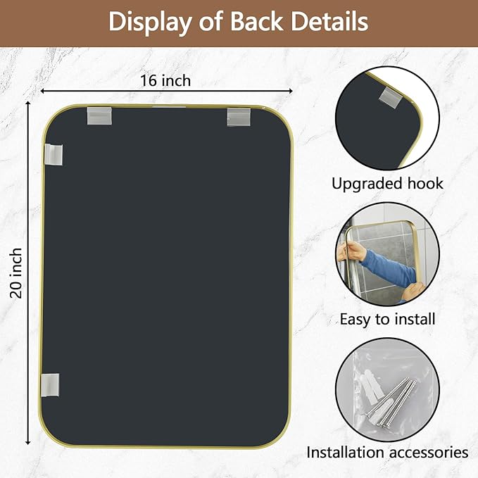 16x20 Inch Gold Mirror, Framed Rectangle Mirror with Rounded Corner, Brushed Brass Mirror, Gold Bathroom Mirror for Over Sink, Vanity, Living Room, Bedroom, Horizontal/Vertical