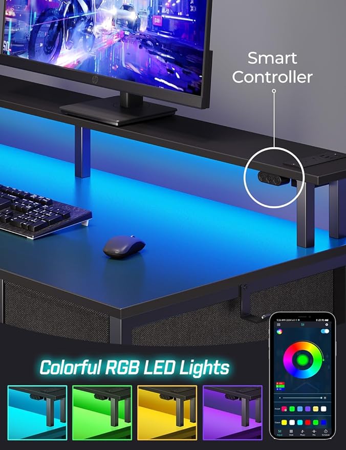 Seventable Computer Desk with Power Outlets & LED Light, 55 inch Home Office Desk with 5 Drawers, Writing Desk with Monitor Stand, Work Desk for Home Office, Black