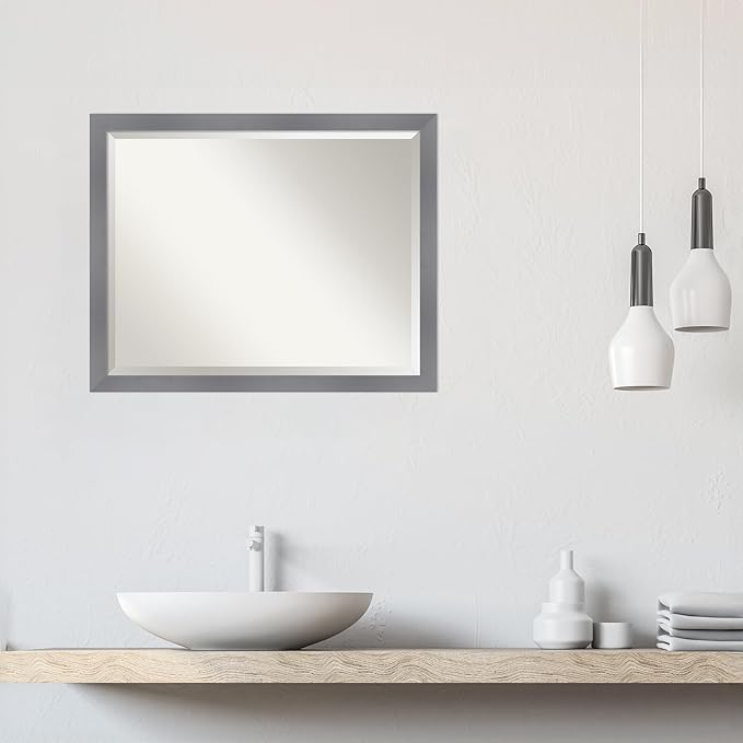 Amanti Art Grey Wall Mirror 25x31 Edwin Grey Rectangle Bathroom Mirror for Wall Decor Living Room, Large Casual Wood Frame, Hangs Horizonally and Vertically, Bathroom Decor, Beveled Edge from WI, USA