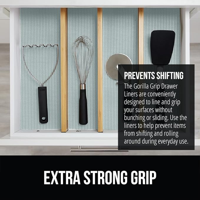 GORILLA GRIP powerGRIP Drawer Shelf and Cabinet Liner, Thick Strong Hold, Non-Adhesive Liners Protect Kitchen Cabinets and Cupboard, Bathroom Drawers, Easy Install, Breathable Mat, 12" x10', Spa Blue