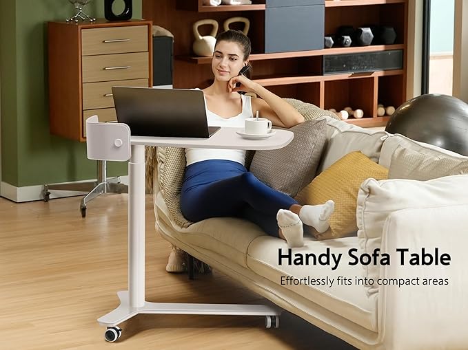 Rolling Desk Adjustable Height with Drawer and Wheels, Portable Small Standing Desk Pneumatic for Home Office, Mobile Computer Laptop Cart, Medical Sofa Overbed Table, White
