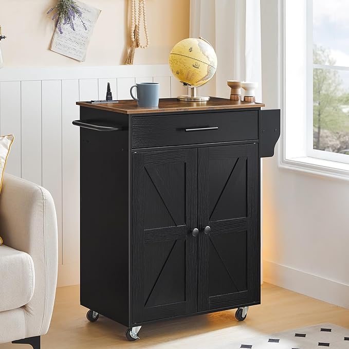 HOOBRO Kitchen Island with Power Outlet, Kitchen Island Storage Island with Large Worktop, Spice Rack and Drawer, Rolling Kitchen Cart on Wheels, for Kitchen and Dining Room, Rustic Brown and Black