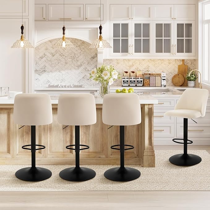COLAMY Bar Stools Set of 3, Modern Swivel Bar Chairs, Adjustable Upholstered Barstools Counter Height with Full Backrest for Bar, Dining Room, Kitchen Island, Beige
