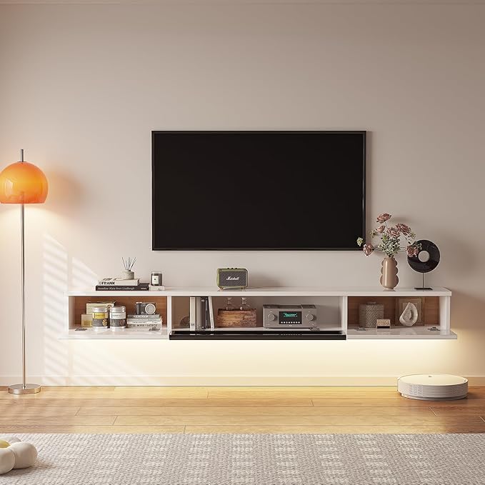 High Gloss Floating TV Stand,47'' Wall Mounted TV Console,Under TV Floating Shelf,Floating TV Cabinet with 3 Doors for Bedroom Living Room,White