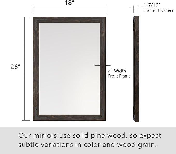 VocalStar Black Wood Framed Mirror 18 x 26 Inch, Rustic Natural Black Wooden Rectangle Bathroom Vanity Wall Mirror for Farmhouse Boho Decor, 1/4-inch Shatterproof Glass | Waterproof