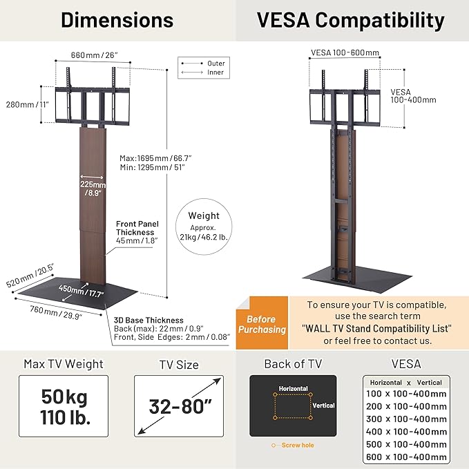 WALL V3 High Type | Sleek 32-80 Inch Universal Ultra Thin TV Stand | Walnut | for Living Room and Bedroom, Space Saving, Adjustable Mount, No Drill, Japan-Engineered Design