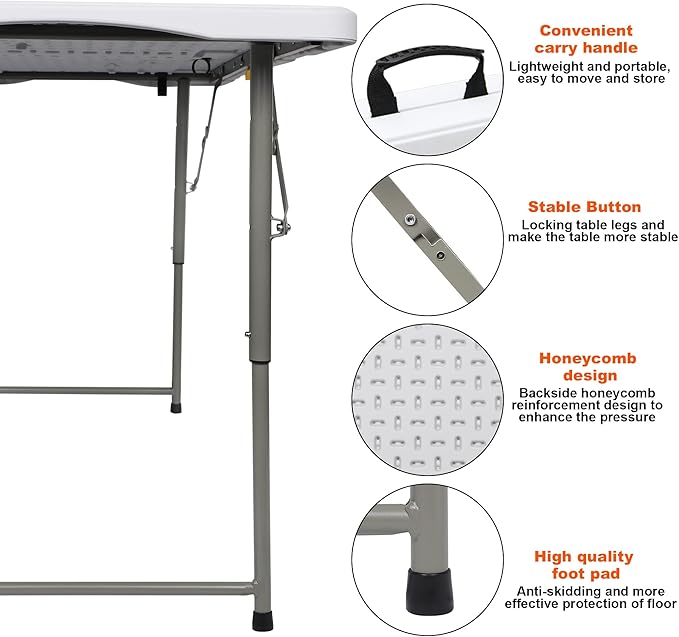 FORUP Folding Utility Table, 4ft Fold-in-Half Portable Plastic Picnic Party Dining Camp Table