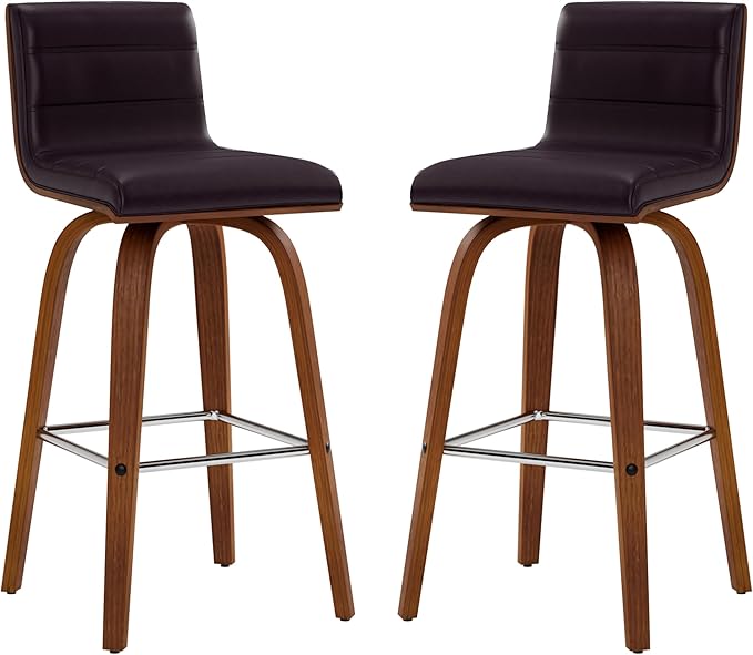 Armen Living Vienna 26" Swivel Counter Stool in Walnut Wood Finish with Brown Faux Leather - Set of 2