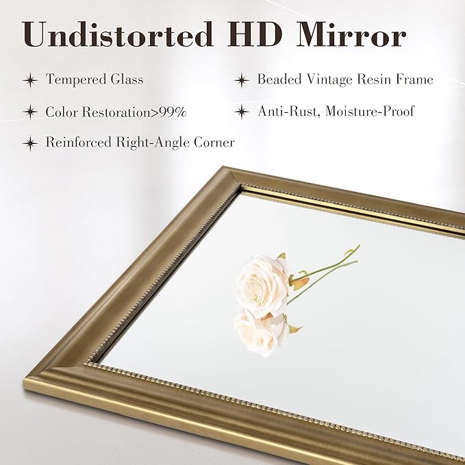 Axeman 22x30 Rectangular Wall Mirror, Decorative Bathroom Mirror, Traditional Vintage Wall Mounted Mirror with Beaded Frame for Accent Living Room Vanity Bedroom Entryway, Gold