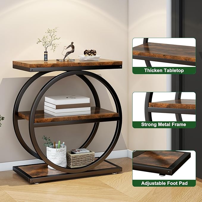 IBUYKE Narrow End Table with 3 Storage Shelves, Industrial Sofa Side Table, Double Round Metal Frames, Slim Nightstand and Bedside Table for Bedroom, Living Room, Rustic Brown UTMJ418H