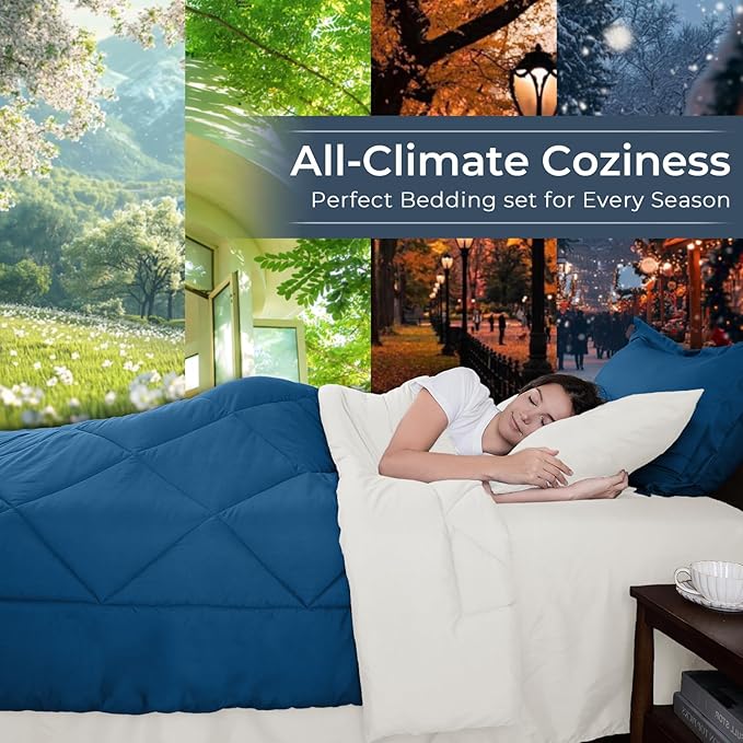 HEVUMYI Teal Blue & Ivory King Comforter Set - 7-Piece All Season Bed in a Bag King, Ultra Soft Bedding Set with Comforter, Flat Sheet, Fitted Sheet, Pillowcases, Pillow Shams, Teal Blue & Ivory