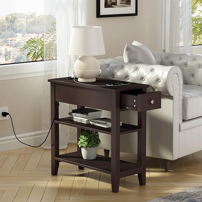 ChooChoo Narrow End Table with Charging Station, Side Table Living Room with USB Ports & Power Outlets and Hidden Drawer, 3-Tier Skinny Nightstand with 2 Open Storage Shelves For Small Place(Espresso)