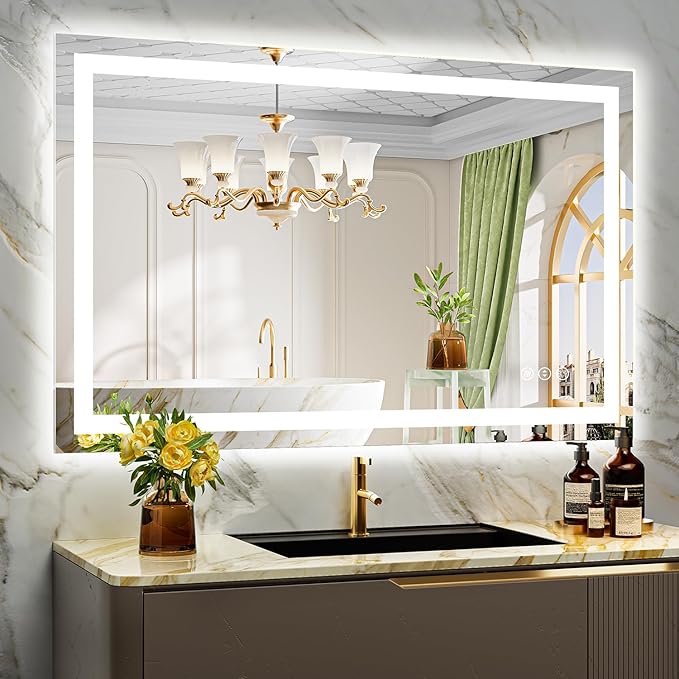 48x30 Inch LED Bathroom Mirror with Lights Front and Backlit Lighted Vanity Mirror for Bathroom Wall with 3 Colors Dimmable Anti-Fog Memory Shatter-Proof IP54 Waterproof Horizontal/Vertical