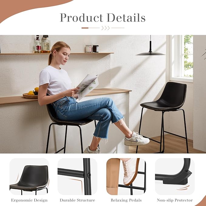 DUMOS 30 Inch Counter Height Bar Stools Set of 4, Modern Faux Leather High Barstools with Back and Metal Leg, Bar Chairs for Kitchen lsland, Elegant Black