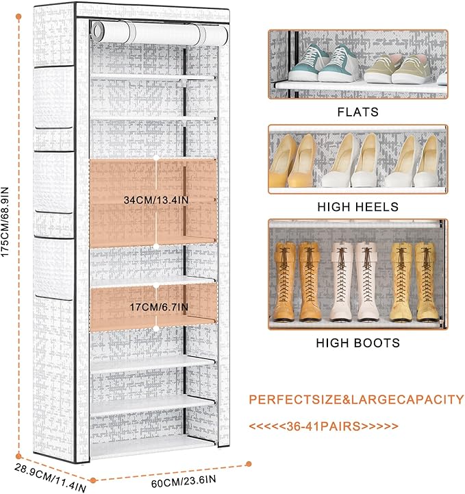 Shoes Rack 10 Tier Tall Shoe Rack with Storage Pockets, Fabric Covered Shoe Racks,Metal Shoes Rack Organizer for Closets,Bedroom, Garage