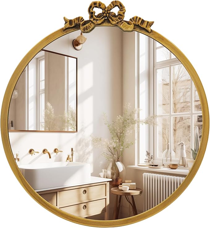 Vintage Round Mirror Antique Gold Vanity Mirrors 12inch Metal Ornate Circle Wall Mirror, Baroque Home Decor for Dressing Table, Bedroom