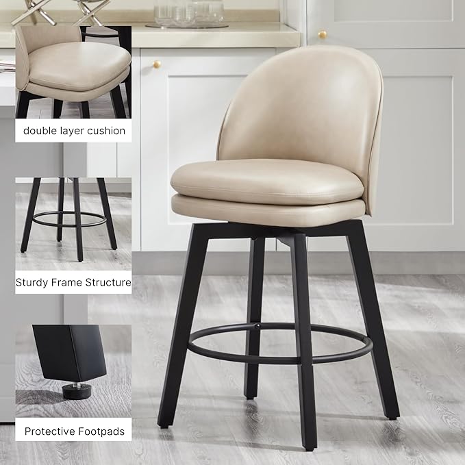 Counter Height Barstools 26 inch Upholstered Swivel Bar Stools with Back and Wood Legs for Kitchen Island,Set of 1,Beige PU Leather-Armless