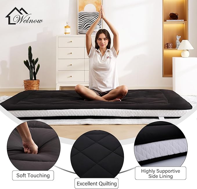 Welnow Japanese Futon Floor Mattress, Thick Full Size Tatami Mat Portable & Foldable Roll Up Floor Bed Mattress with Storage Bag, Sleeping Pad for Adults, Dorm, Guest Bed, Camping and Travel, Black