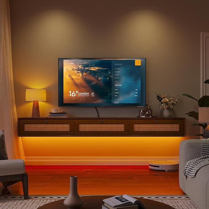 Fully-Assembled Floating TV Stand with 3 Rattan Doors, Rustic Floating Entertainment Center Under TV Shelf, Modern Large Storage Wall Mounted Media Console for Living Room Bedroom 47IN