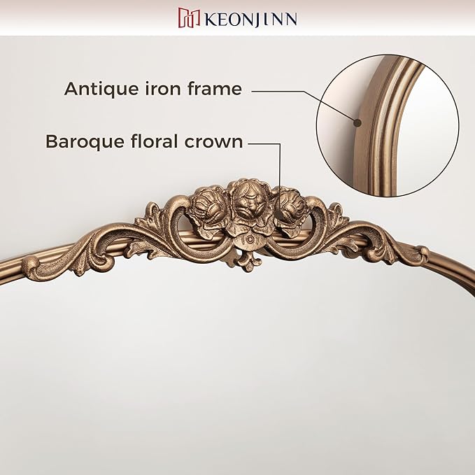 Keonjinn Vintage Gold Mirror 24" x 40", Large Mirror Decorative for Wall, Antique Bathroom Mirrors, Ornate Brass Mantle Mirrors, Baroque Decor for Entryway, Hallway, Living Room, French Cleat Mounting