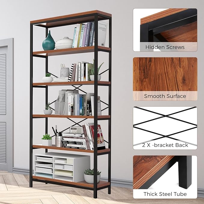 Himimi 6-Tier Bookshelf Set of 2,Tall Bookcase Industrial Wood Storage Rack with Open Book Shelves,Modern Metal Standing Organizer,Vintage Display Rack for Living Room, Office, Bedroom, Rustic Brown