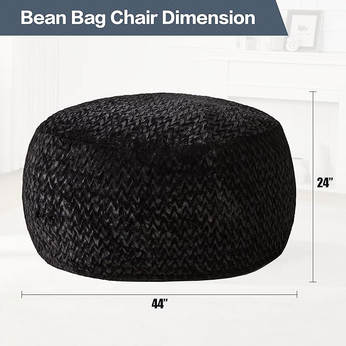 Hobestluk 4ft Bean Bag Chairs for Adults Large Beanbag Chair with Chevron Plush Fur Cover Big Bean Bag Chair for Living Room Bedroom Dorm Office - Black (44” x 44” x 24”)