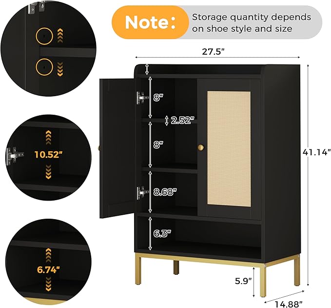 Rattan Shoe Cabinet Storage for Entryway, Shoe Cabinet with Adjustable Shelves for Entryway, 5-Tier, 20 Pair Shoe Rack Storage for Hallway, Closet, Living Room, Black
