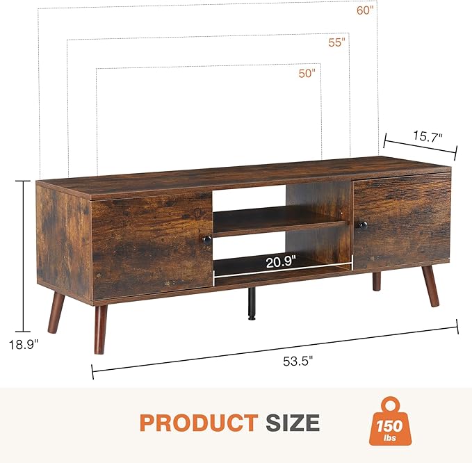 Sweetcrispy TV Stand for 55 60 inch TV, Modern Mid Century Entertainment Center with Storage Cabinet, Media Console Table for Living Room, Soft Hinge, Handle Door, Wooden Office Furniture, Brown