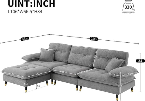 106" L Shaped Convertible Sectional Sofa,4 Seat Tufted Cloud Couch Set W/Movable Ottoman for Living Room, Apartment,Office,Chenille Fabric,Grey