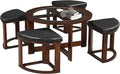 Roundhill Furniture Cylina Solid Wood Glass Top Round Coffee Table with 4 Stools, Espresso