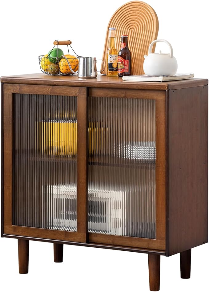 Tiita Bamboo Sideboard Buffet Cabinet, Rattan Kitchen Storage Cabinet, Boho Coffee Bar Tables for Kitchen Living Room Hallway Office, Walnut