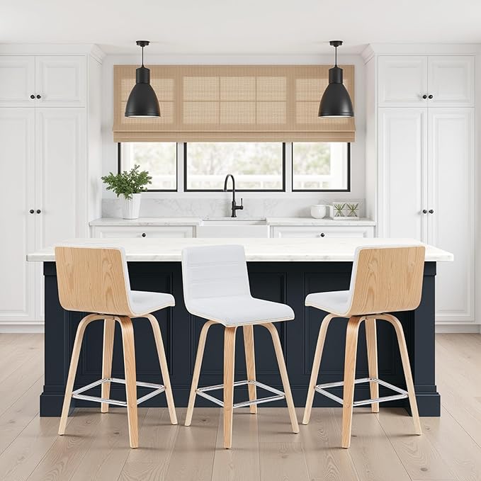 Armen Living Vienna Modern Swivel 26" Counter Height Barstool with White Faux Leather and Patterned Oak Wood Finish