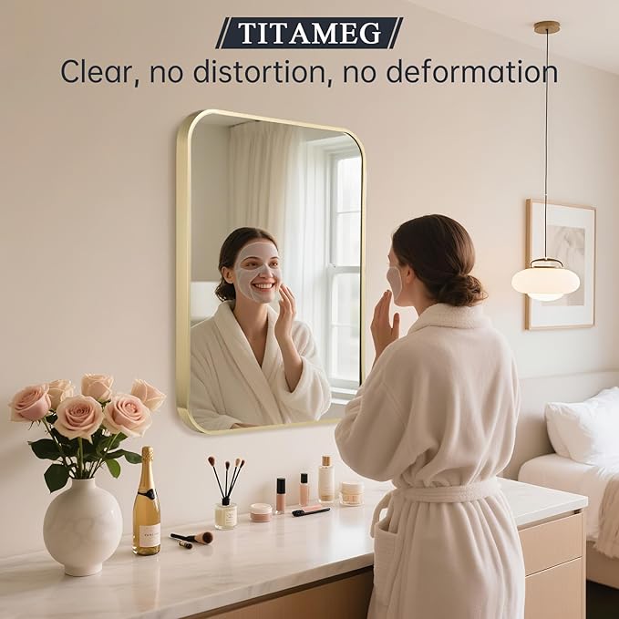 16x24 Inch Bathroom Mirror for Wall,Gold Framed Rectangle Mirror with Rounded Corner,Aluminum Alloy Framed Brushed Wall Mirror for Bedroom or Living Room,Vertical or Horizontal