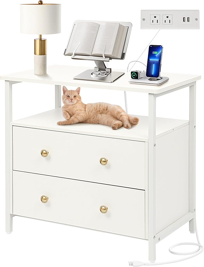 27 inch Wide Nightstand with Charging Station, Bedside Table with Open Shelf, 2 Drawers Small Wood Dresser, End Side Table for Bedroom (White)