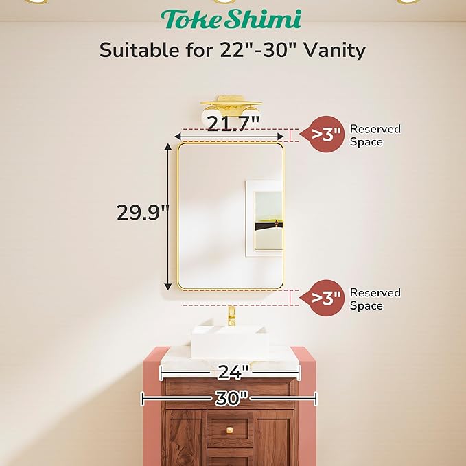 TokeShimi Gold Bathroom Mirror 22x30,HD Tempered Glass,Brushed Gold Bathroom Vanity Mirror for Over Sink,Aluminum Framed Mirror Wall(Horizontal/Vertical)