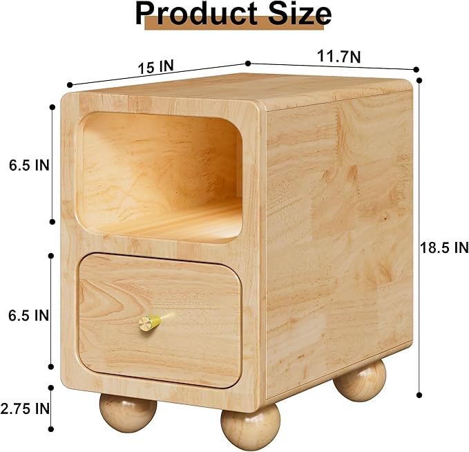 Solid Wood Night Stand, Narrow Night Stand with Drawers, Natural Mid Century Modern Nightstand, Small Beside Table with Open Storage Shelf for Bedroom (12 inch)
