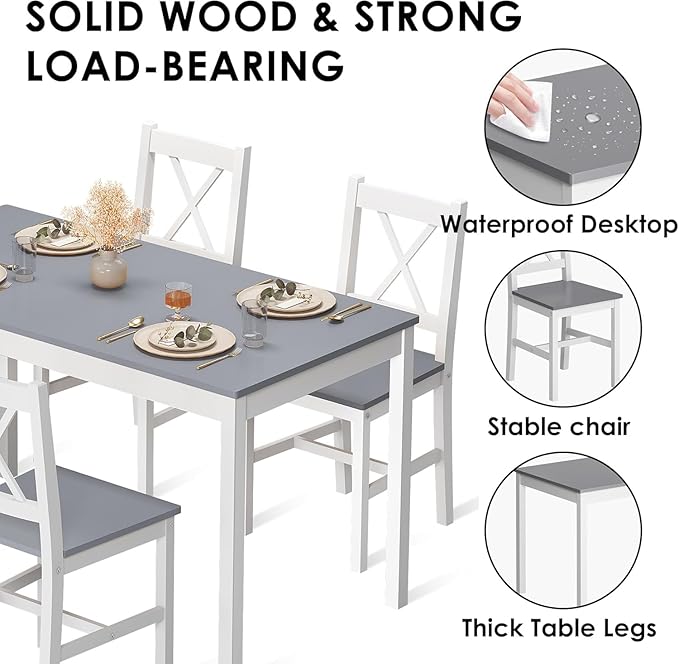 sogesfurniture 42.5''Dining Table Set for 4，Dinette Set for 4 Small Space,5 Pieces Dining Table for Kitchen, Dining Room, Pine Wood,Grey&White