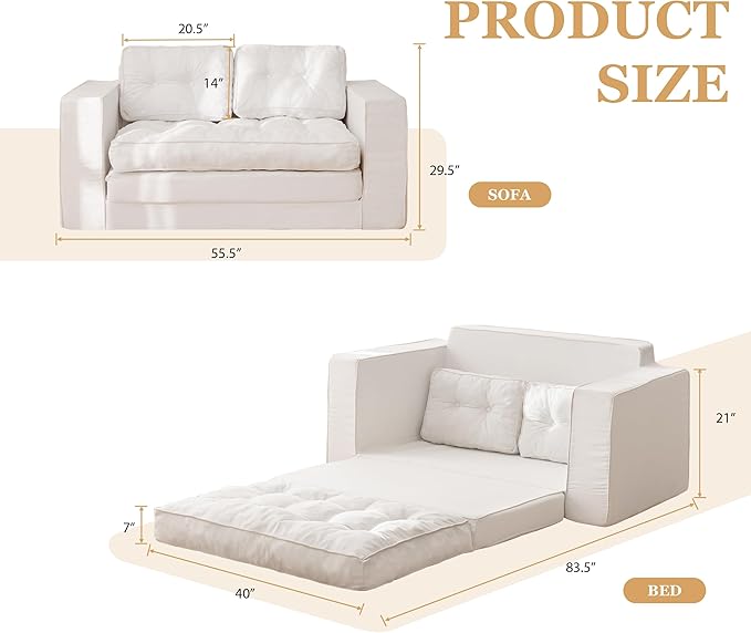 YOSHOOT Loveseat Sleeper Sofa,55" Convertible Sofa Bed Couch Futon Couches for Living Room,3-in-1 Pull Out Floor Couch with Reclining Backrest and Pillows, Beige